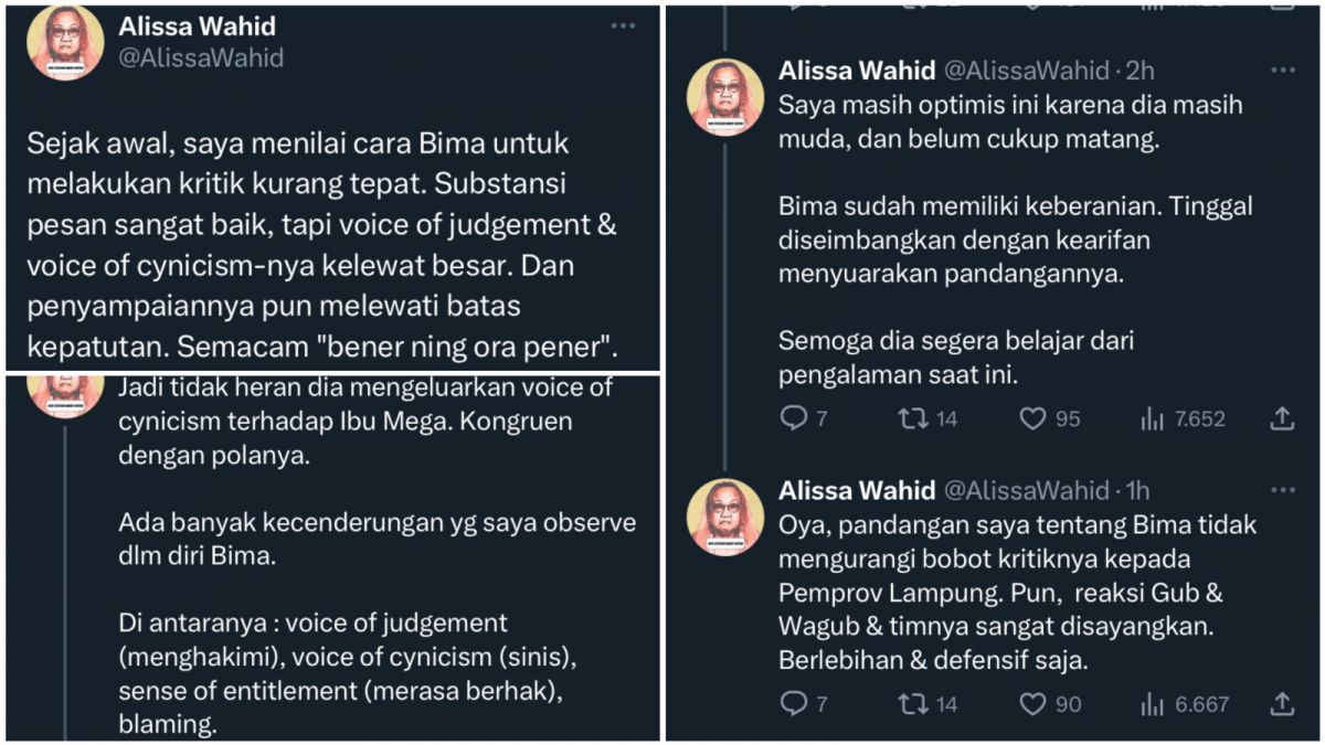 Tanggapan Alissa Wahid  terhadap cara penyampaian kritik dari Bima, hingga sebut Megawati 'janda.' [Twitter @AlissaWahid]
