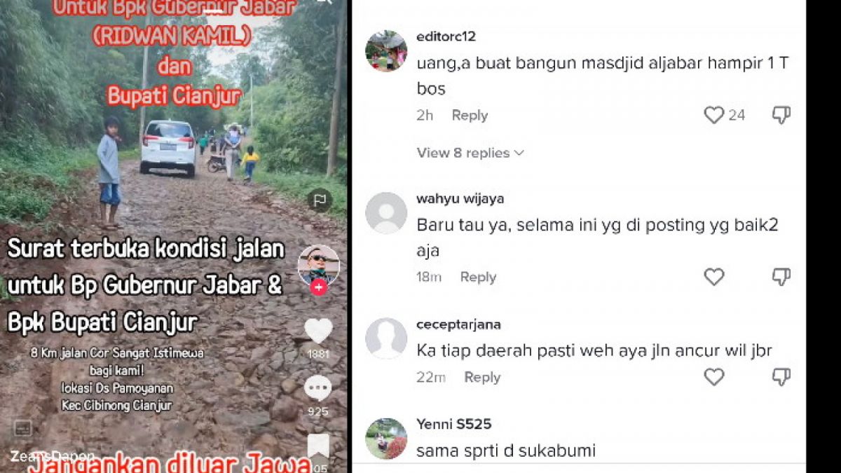Netizen komentari jalan rusak di Kabupaten Cianjur [TikTok @zeansdapon]