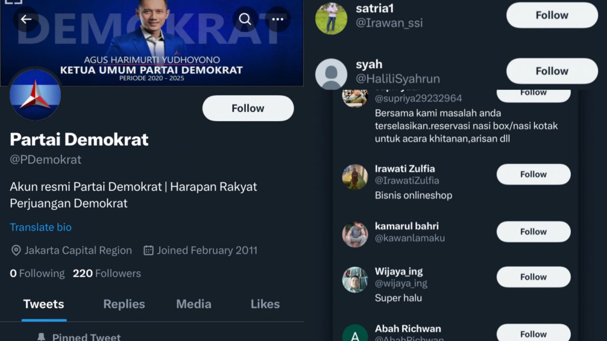 Kondisi akun Twitter Partai Demokrat dengan segelintir pengikut. [Tangkapan layar bandung.suara.com dari Twitter @PDemokrat]
