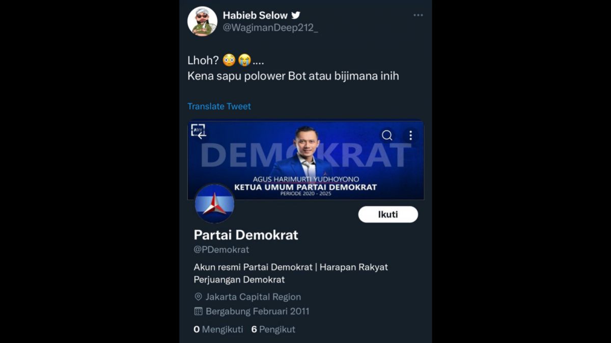 Tangkapan layar kondisi akun Twitter resmi milik Partai Demokrat pada siang hari. [Twitter @WagimanDeep212_]