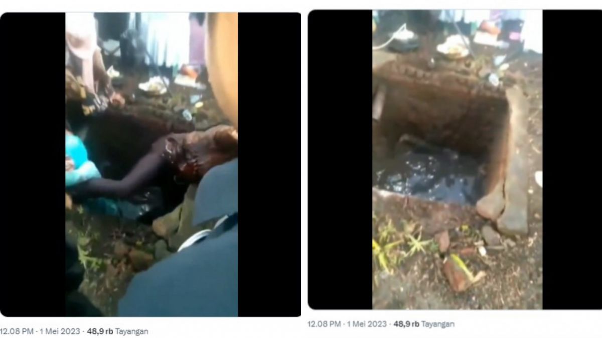 Tangkapan layar video singkat tamu undangan terperosok ke dalam sepptic tank saat hadiri pernikahan di Parungponteng, Tasikmalaya. [Twitter @Midjan_La_2]