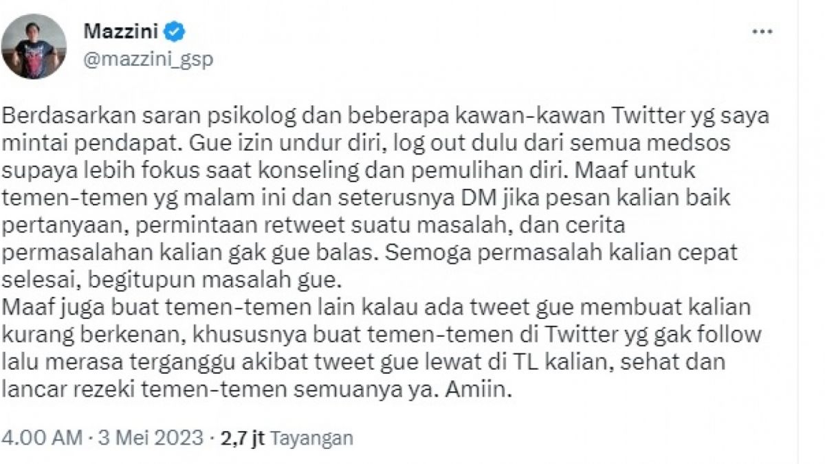 Cuitan Mazzini pamit undur diri [twitter/@mazzini_gsp]