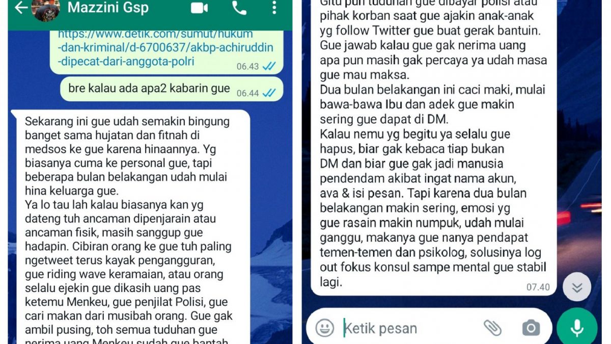 Tangkapan layar whatsapp Mazzini saat menjawab pesan dari PolJokesID [Twitter/@PolJokesID]