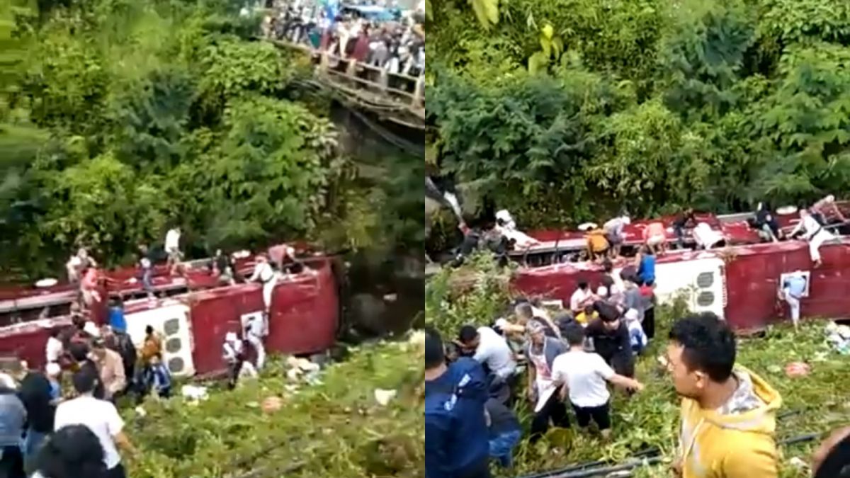 Proses evakuasi korban kecelakaan bus di Guci. Tidak ada korban jiwa dalam kecelakaan tersebut. [Twitter @Jateng_Twit]
