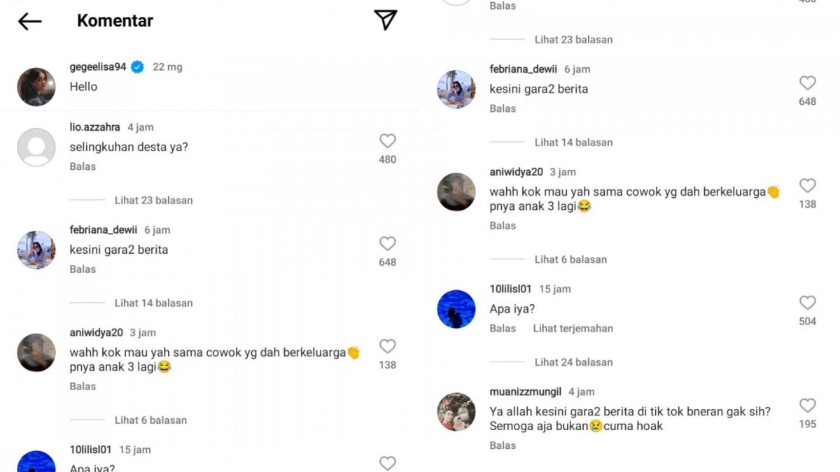 Komentar netizen pada postinga Gege Elisa [Instagram/gegeelisa94]