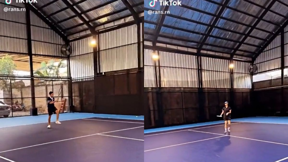 Desta dan Gege Elisa sedang berlatih tenis bersama. [TikTok Raffi Ahmad]