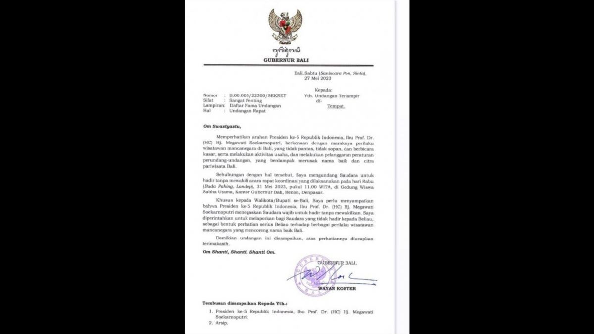 Surat undangan koordinasi Gubernur Bali atas instruksi Megawati. [Twitter @PartaiSocmed]