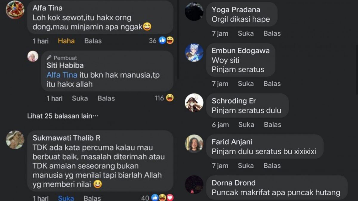 Tangkapan layar komentar warganet terhadap curhatan Siti Habiba di Facebook. [Twitter @kegblgnunfaedh]