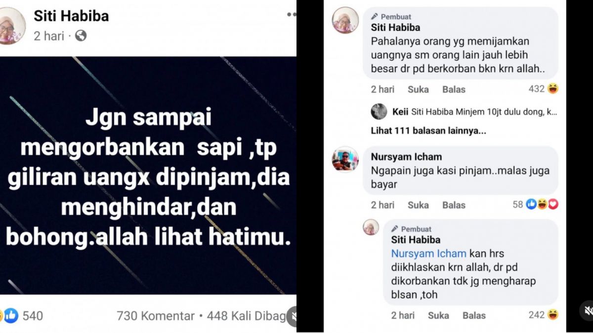 Tangkapan layar seorang ibu-ibu curhat tak diutangi tetangganya dan viral di Facebook. [Twitter @kegblgnunfaedh]