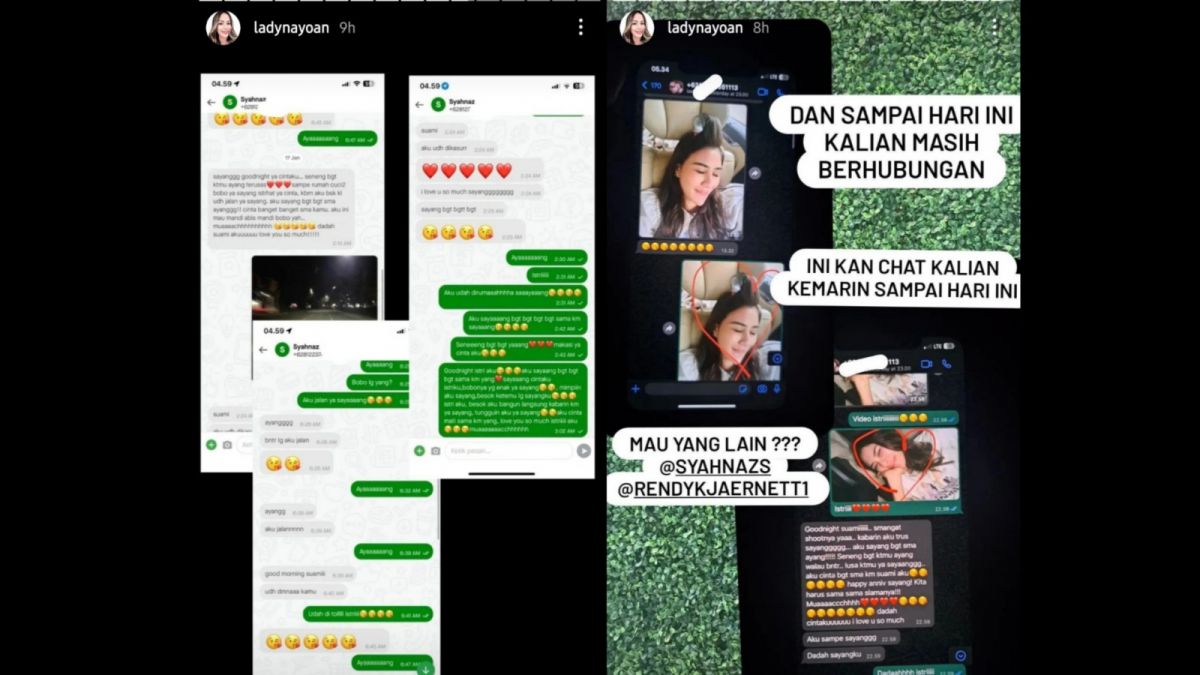 Beberapa bukti chat antara Syahnaz Sadiqah dan Rendy Kjaernett yang dibongkar oleh Lady Nayoan. [Instagram @ladynayoan]