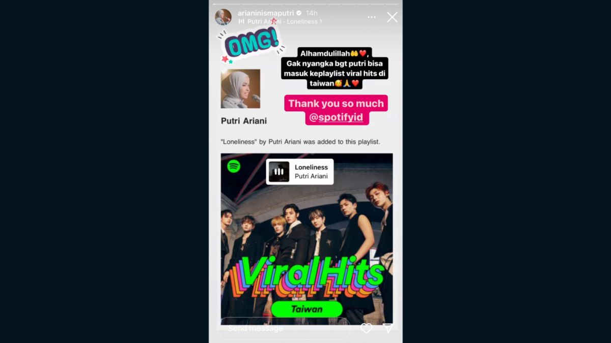 Loneliness Putri Ariani masuk dalam Playlist Viral Hits di Negara Taiwan. [Instastory @arianinismaputri]