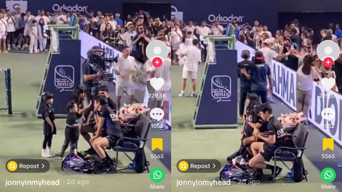 Momen Desta peluk anaknya di Lagi-Lagi Tenis viral. [TikTok jonnyinmyhead]