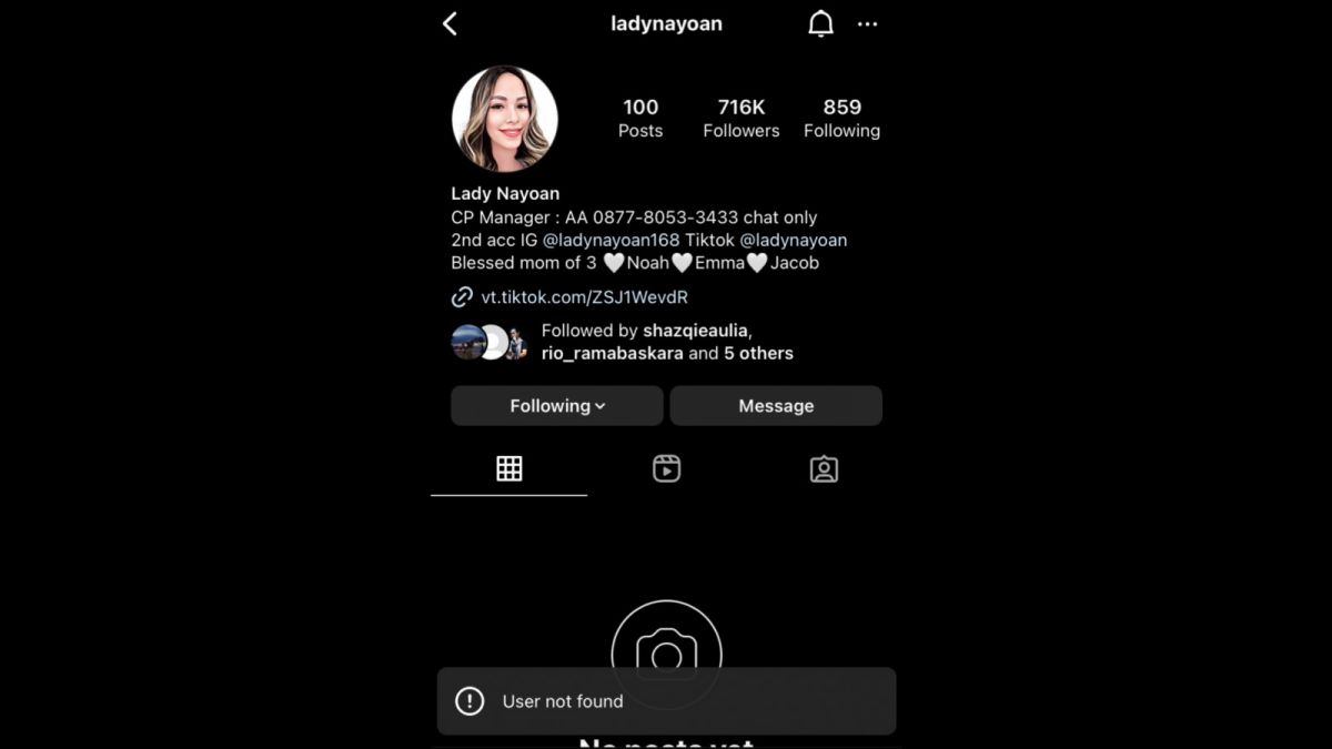 Akun Instagram Lady Nayoan yang kembali lenyap. [Instagram]