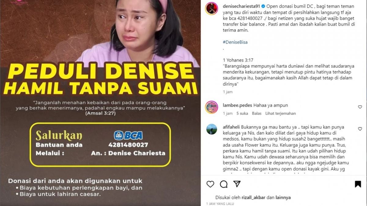 Denise Chariesta membuka donasi untuk dirinya yang sedang hamil tanpa suami. [Instagram @denisechariesta91]