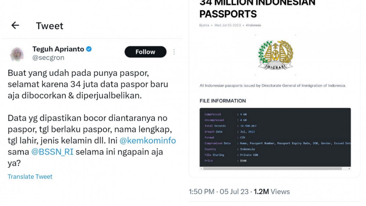 Cuitan @secgron di Twitter yang menginformasikan kebocoran data pemilik paspor Indonesia. [Twitter @secgron]