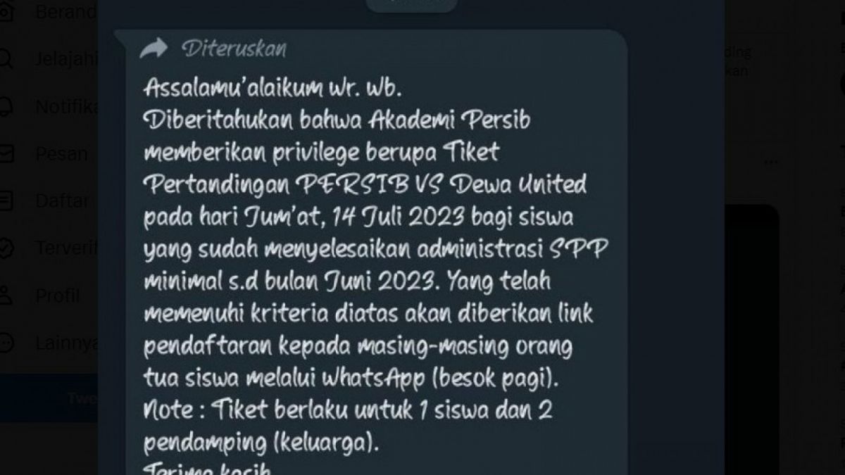 Tangkapan layar berisi pesan tentang Akademi Persib yang diberikan tiket pertandingan Persib vs Dewa United (14/7). [Twitter/@MafiaWasit]