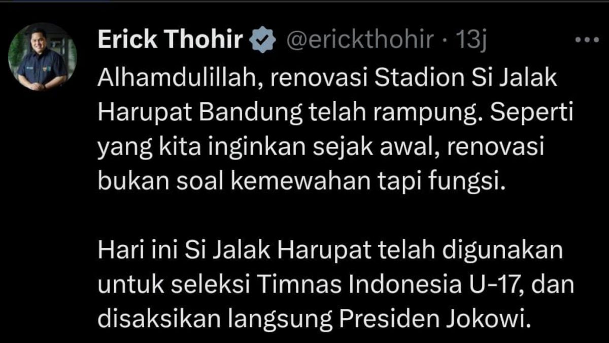 Cuitan Erick Thohir soal renovasi stadion [Twitter/Erick Thohir]