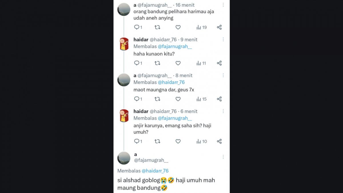 Tangkapan layar percakapan warganet yang salah paham, terkait Alshad Ahmad dan Wa Haji Umuh. [Twitter @txtdaribandung]