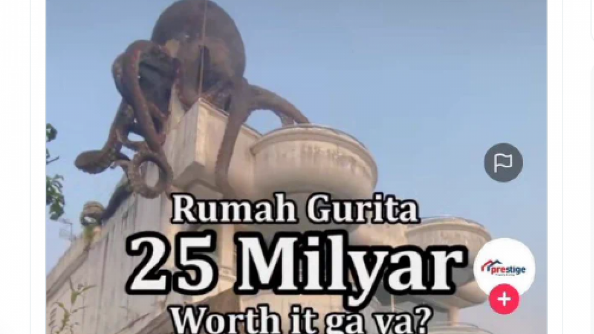 Tangkapan layar sebuah akun TikTok agen properti menawarkan penjualan Rumah Gurita. [Twitter @tanyarlfes]