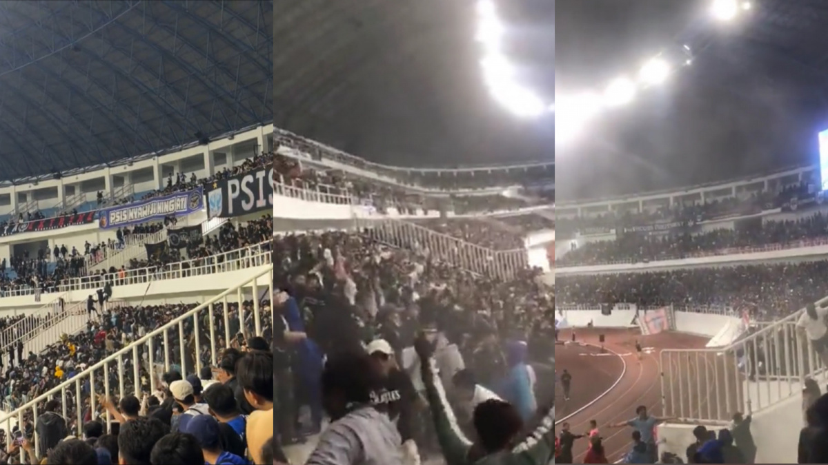 Keributan para supoter di Stadion Jatidiri Semarang, saat laga Persib vs PSIS. [Twitter]