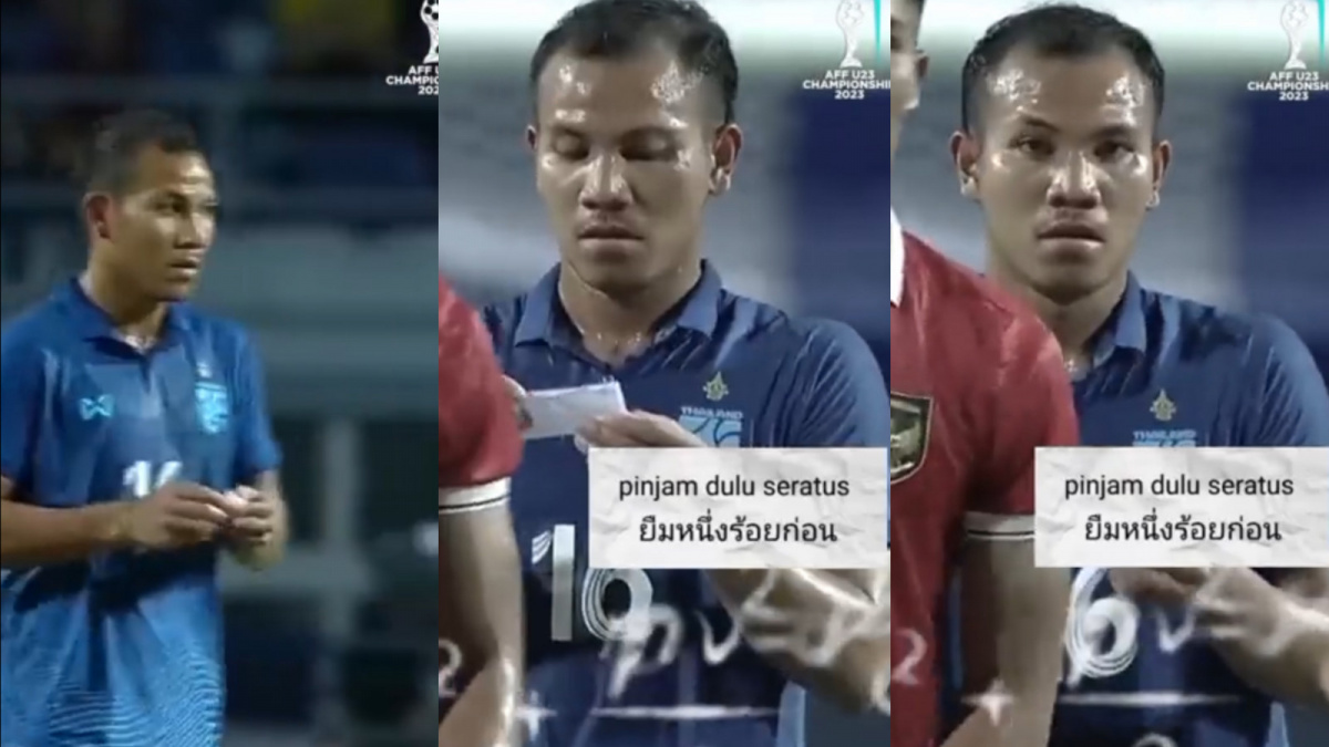 Viral momen pemain Thailand 'pinjam dulu seratus' saat melawan Timnas Indonesia di semifinal Piala AFF U-23. [X/Twitter @DevvaNirvana]