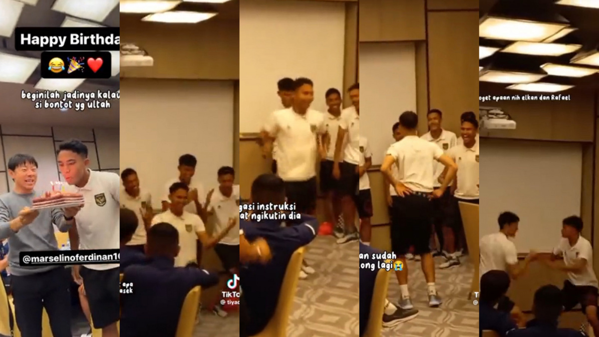 Momen ulang tahun Marselino Ferdinan yang dirayakan dengan para penggawa Timnas Indonesia U-23. [X/Twitter @FaktaSepakbola]