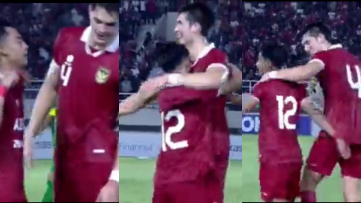 Begini jika Elkan Baggott kepo dengan tulisan 'Azizah Salsha' pada kaos Pratama Arhan. [X/Twitter @lionel_faboo]