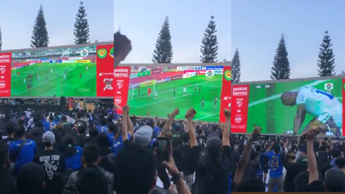 Momen fans Persib Bandung bersorak-sorai saat nobar Persib vs Persebaya dan David da Silva berikan gol keduanya. [X/Twitter/@garagarabola_]