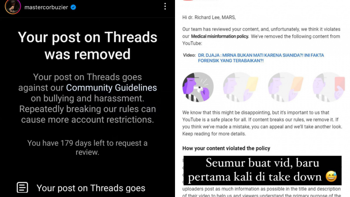 Tangkapan layar dari media sosial Deddy Corbuzier dan dr. Richard Lee atas ditake down-nya konten mereka terkait Kopi Sianida dan Jessica Wongso. [X/Twitter @tanyakanrl]