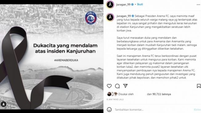 Bos Arema FC Minta Maaf dan Siap Tanggung Biaya Korban Tragedi Kericuhan Kanjuruhan