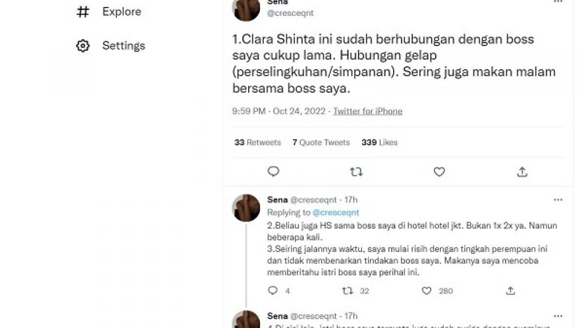 Tangkap layar cuitan menuding selebgram Clara Shinta jadi pemuas nafsu pejabat. [twitter.com/cresceqnt]