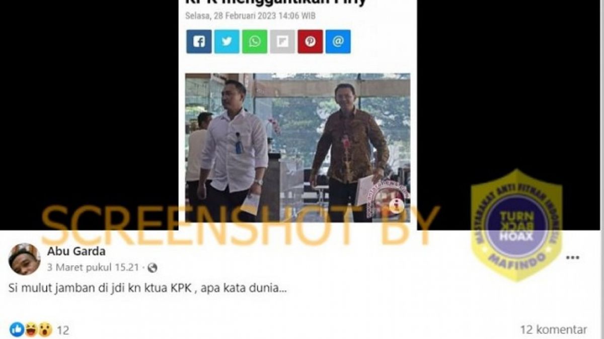 Gambar tangkapan layar tentang Ahok yang menjadi ketua KPK adalah hoaks atau konten yang dimanipulasi. [turnbackhoax.id]