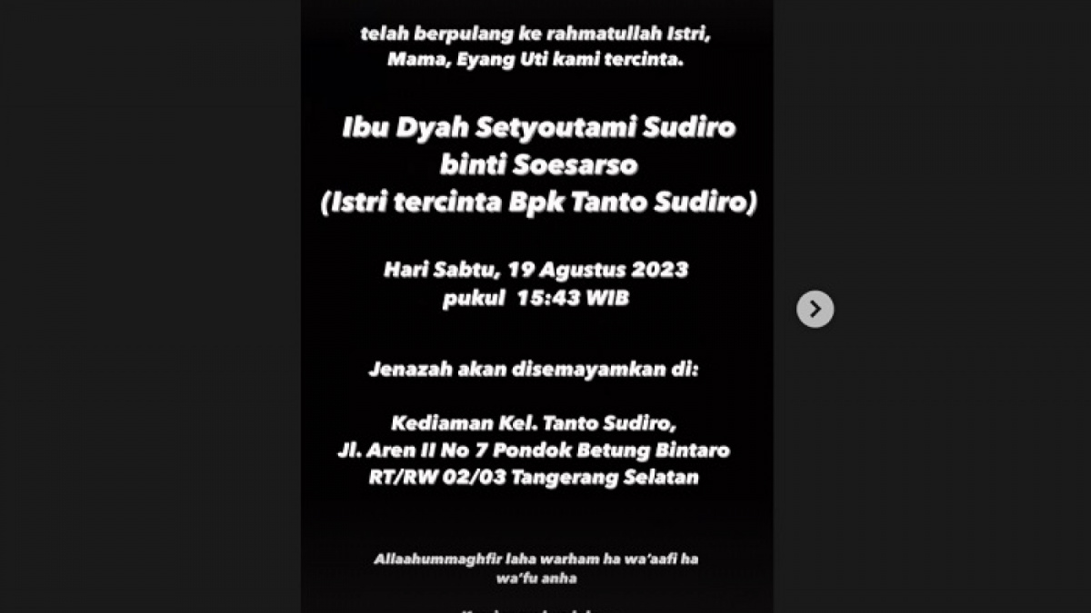 Postingan Instagram milik Mieke Amalia, istri Tora Sudiro membagikan kabar duka. [Instagram]