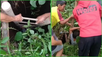 VIRAL! Penyelamatan Bocah Masuk Sumur saat Kejar Layangan Putus, Korban Tersenyum Lemas