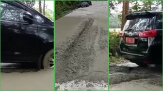 VIRAL! Mobil Plat Merah Terobos Jalan Cor Masih Basah hingga Hancur Berantakan, Ini yang Dikatakan Pelaku