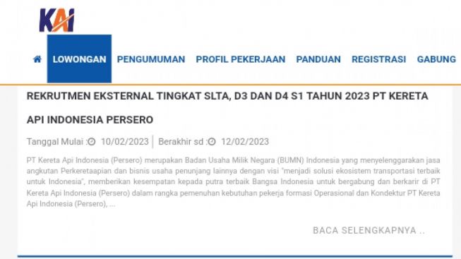 Lulusan SMA Bisa Daftar! PT KAI Buka Lowongan Kerja Sampai 12 Februari 2023