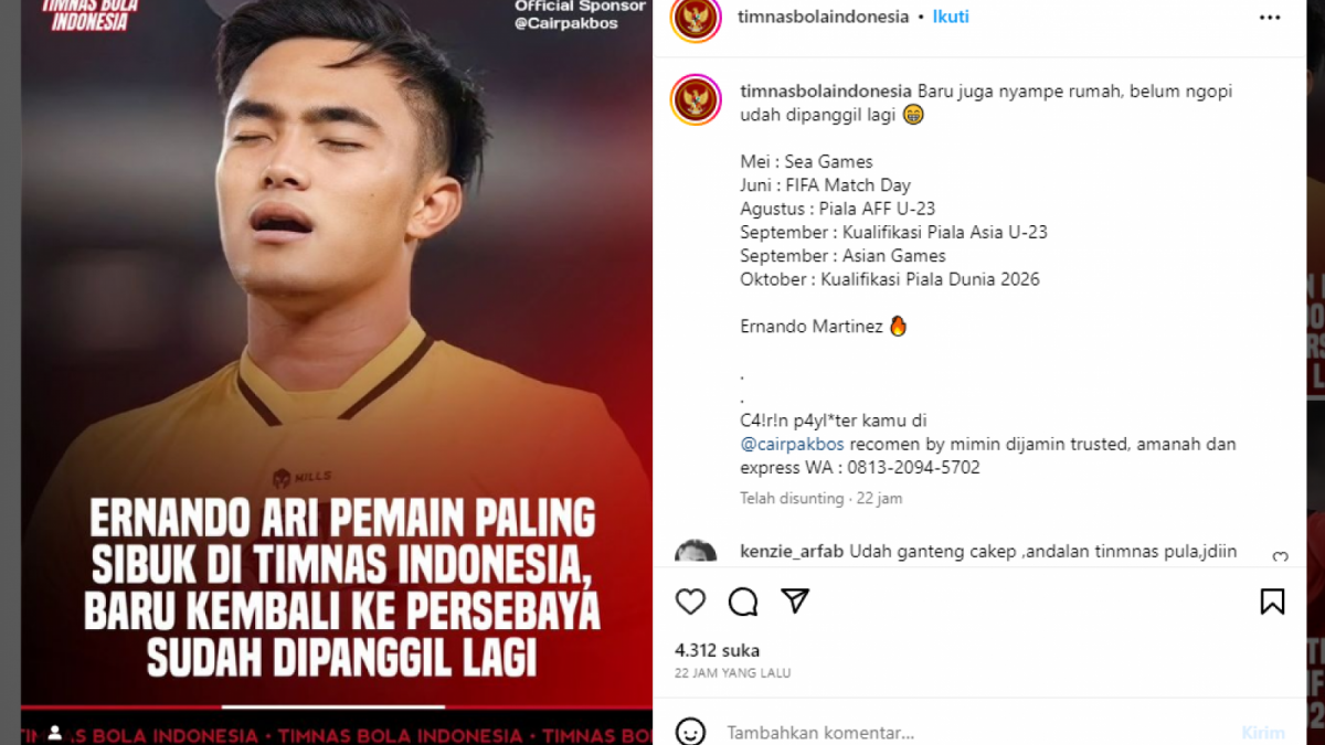 Tangkapan layar, Ernando Ari disebut pemain paling sibuk di Timnas. [Ist]