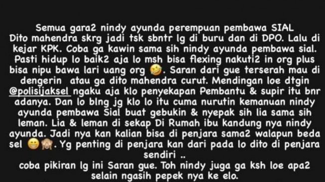 Nikita Mirzani Sebut Nindy Ayunda Pembawa Sial Penyebab Dito Mahendra Jadi Tersangka