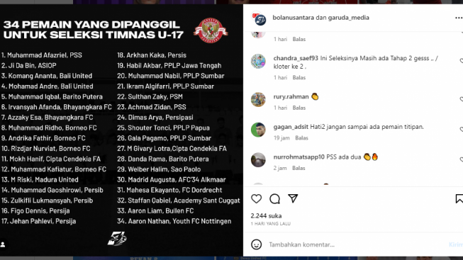 Nama 34 Pemain yang Dipanggil untuk Seleksi Timnas U-17 Viral di IG