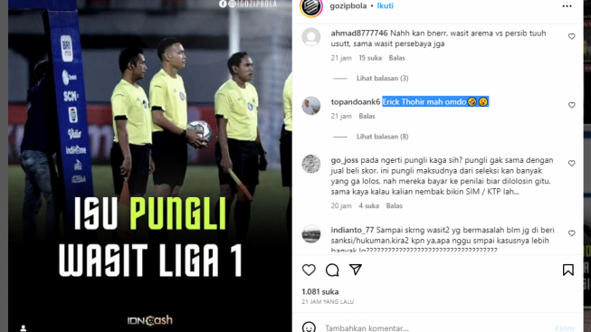 Isu Pungli Seleksi Wasit Liga 1 dan Liga 2, Publik: Erick Thohir Mah Omdo