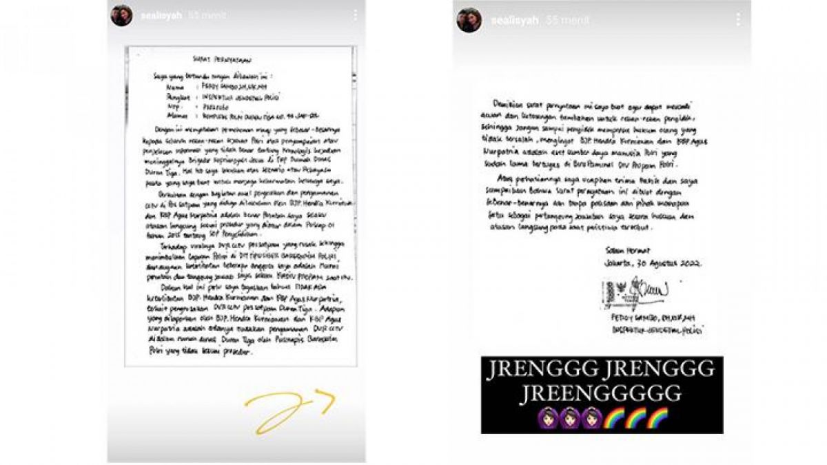 Surat pernyataan Ferdy Sambo yang dinunggah oleh akun Instagram Seali Syah [Foto Istimewa  / Tangkapan Layar akun Instagram]