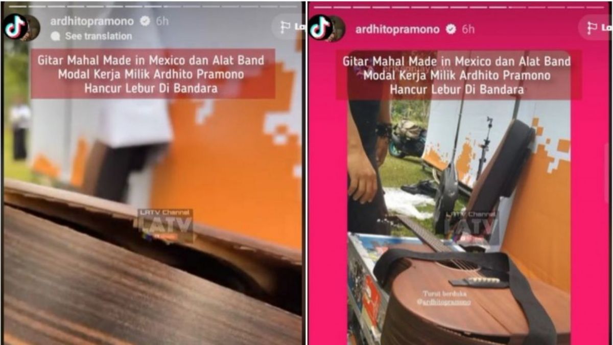 Gitar Ardhito Pramono rusak akibat dibanting di bandara (TikTok/LaTVOfficial) [Foto Istimewa / Tangkapan Layar Media Sosial]