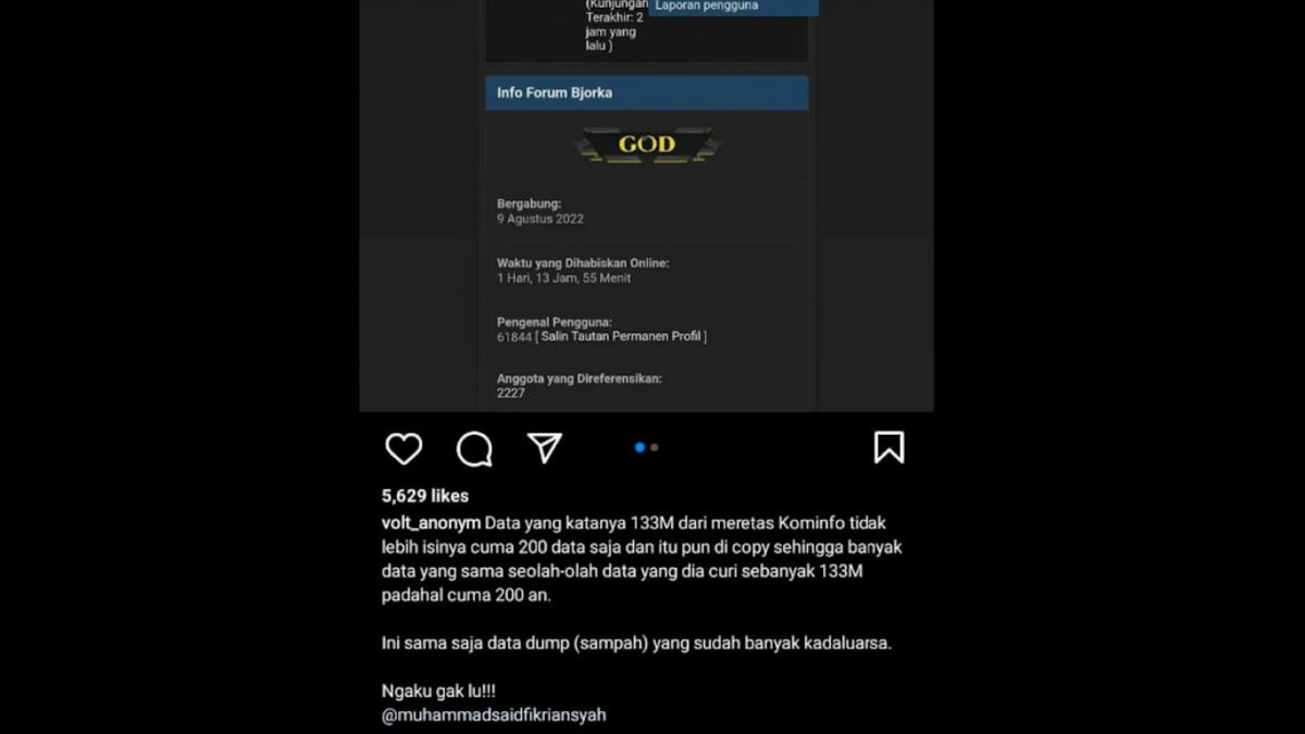 Akun instagram yang diduga sebagai identitas asli dari Bjorka menurut akun Instgaram Volt-Anonym dalam postingannya menyebutkan sebuah nama. [Foto Istimewa / tangkapan layar]