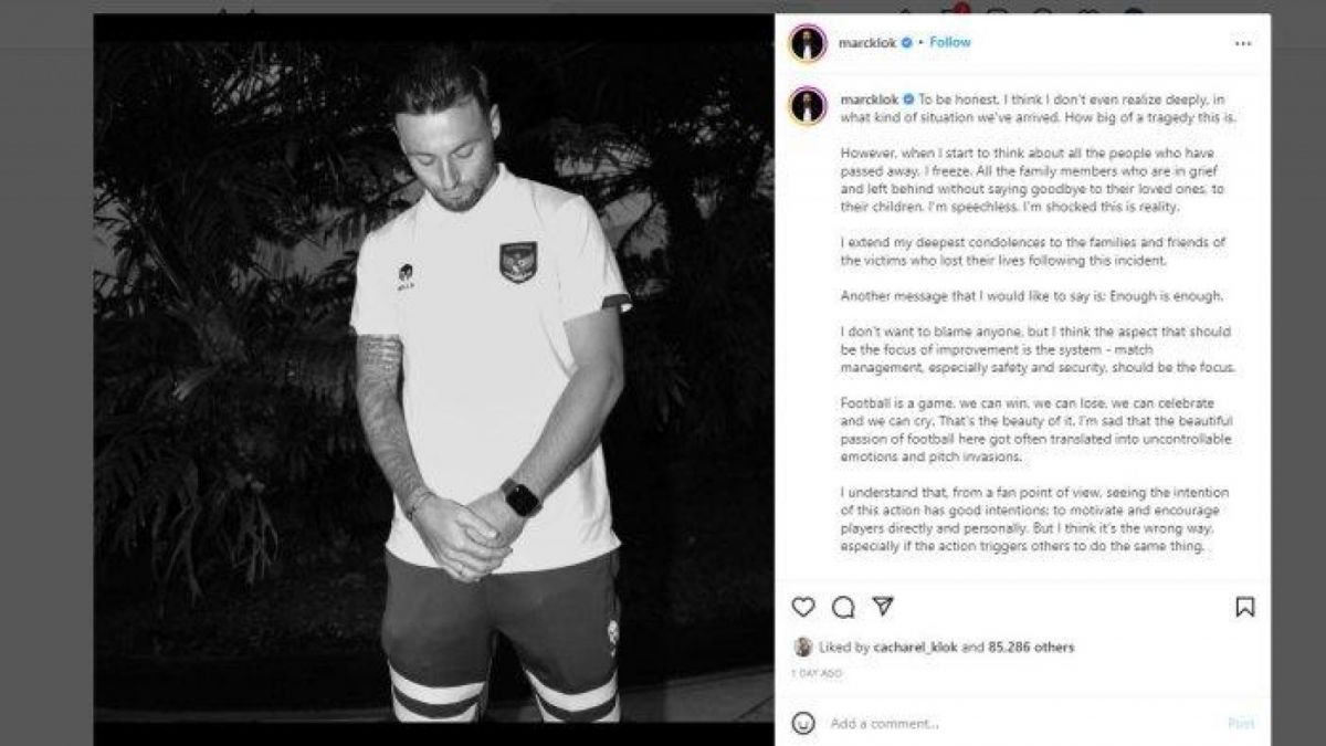 Ungkapan Marc Klok soal tragedi Kanjuruhan Malang yang menelan ratusan orang tewas. [Foto Istimewa / Tangkapan Layar Akun Instagram]