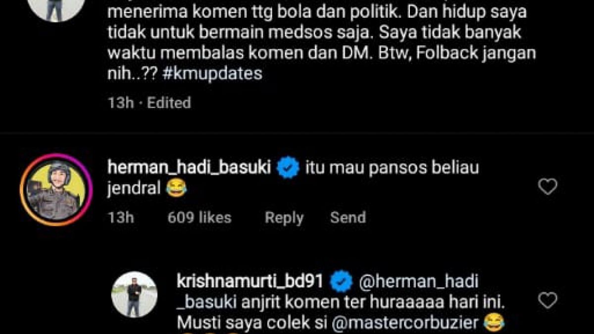Komentar Pak Bhabin di dalam postingan Krishna Murti soal akun Instagramnya di Follow oleh Deddy Corbuzier [Foto tangkapan layar akun instagram]