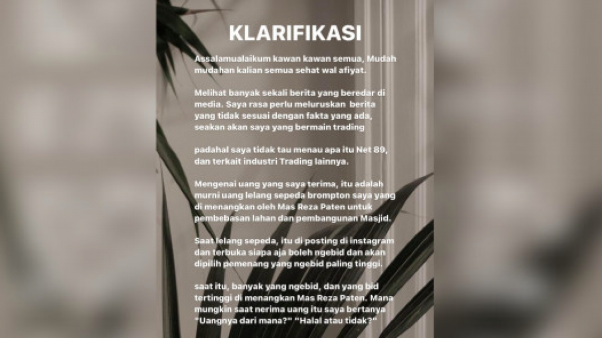Klarifikasi dari Taqy Malik soal dugaan terlibat dalam Robot Trading Net89. [Foto : Tangkapan Layar Instagram Taqy Malik]