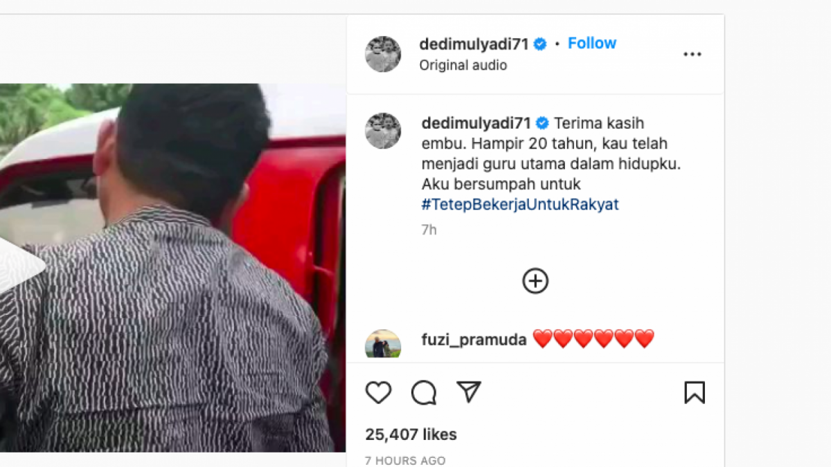 Postingan Dedi Mulyadi ucapakna terima kasih untuk istrinya Bupati Purwakarta Anne Ratna Mustika usai di gugat  cerai [Foto Tangkapan Layar AKun Instagram]