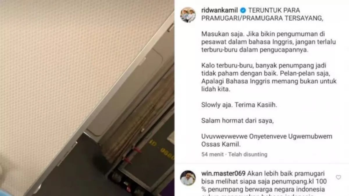 Unggahan Gubernur Jawa Barat Ridwan Kamil dalam akun Instagramnya soal instruksi pramugari yang dinilai cepat dan diberi saran. [Foto: Tangkapan Layar Instagram Ridwan Kamil]