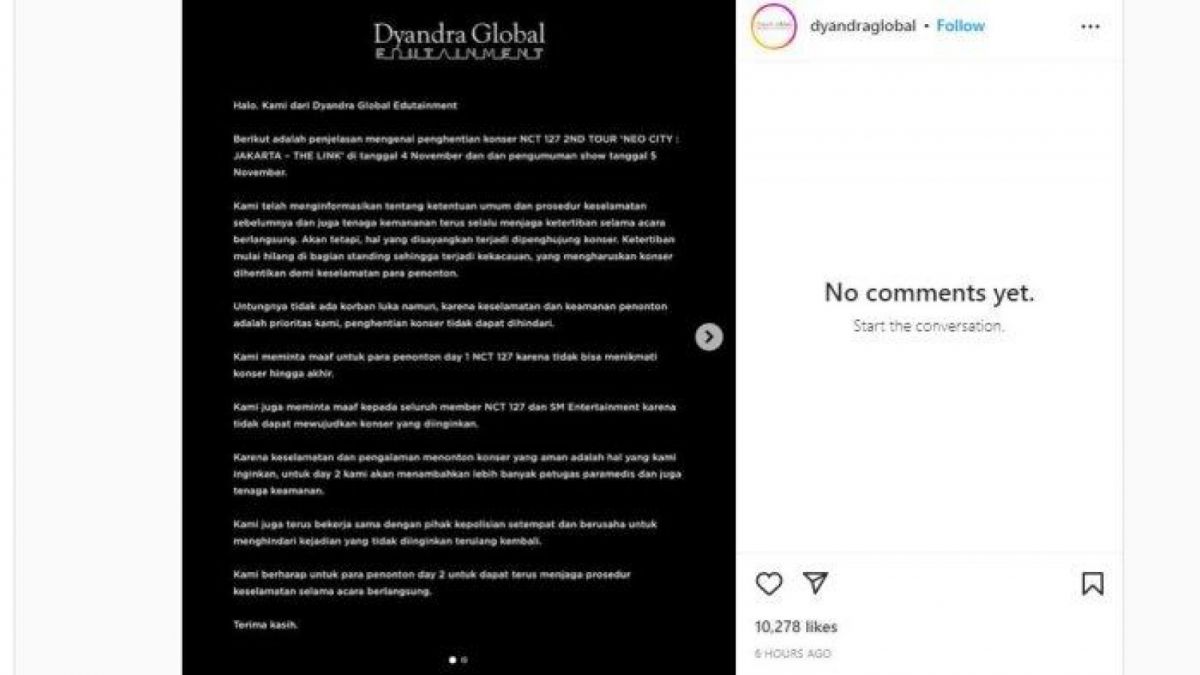 Pernyataan permintaan maaf dari promotor konser NCT 127 usai dibubarkan akibat puluhan penonton yang pingsan. [Foto: Instagram Dyandra Global,]