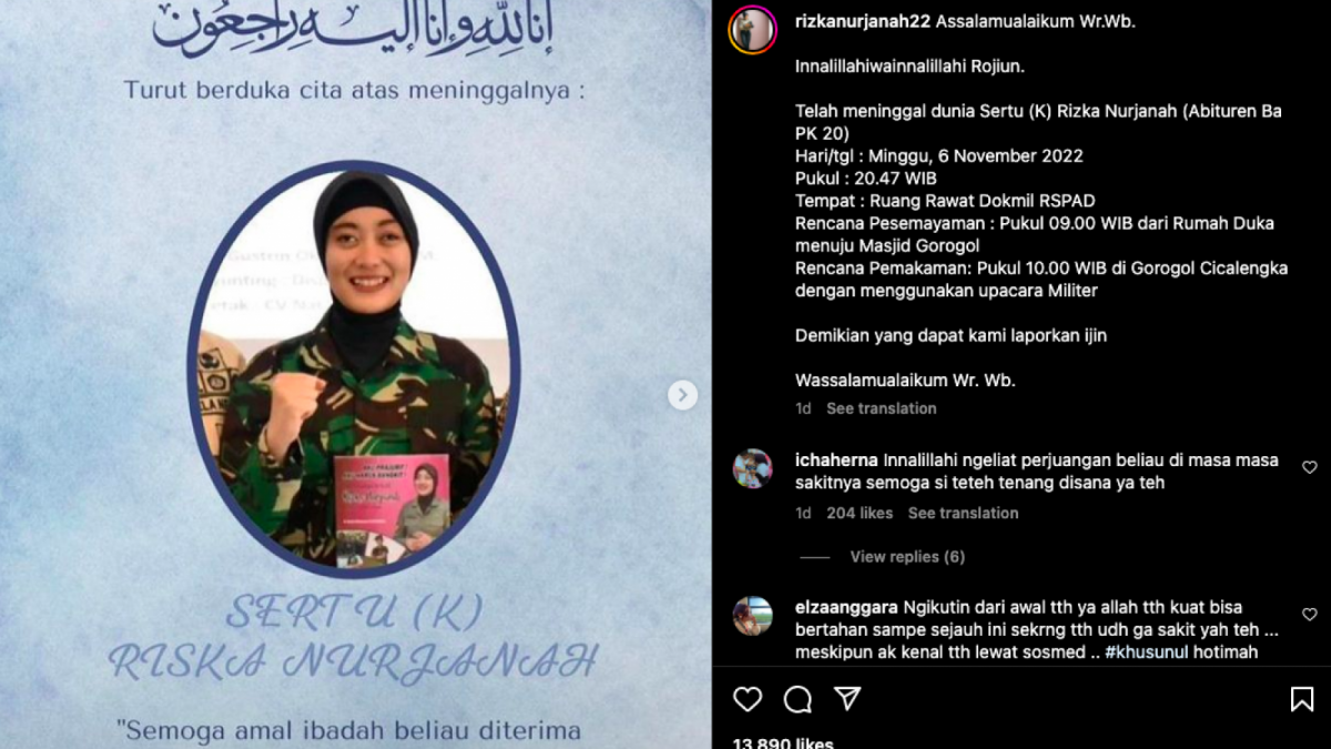 Kabar Sertu Rizka Nurjanah meninggal dunia